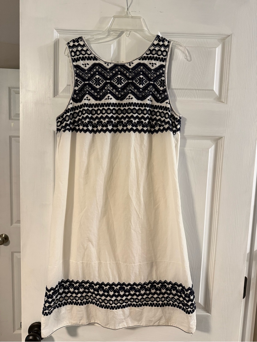 Max Studio White Dress with Navy Embroidered Trim